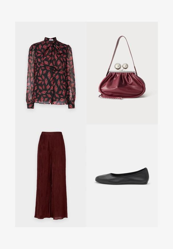 Hofmann Copenhagen NOLA - Blusa - kiss me red; Pantalones de pierna ancha en burdeos, fabricados en un tejido texturizado con plisados verticales. Presentan una cintura alta y un dobladillo que llega hasta el tobillo.; Bailarina de piel negra con punta redondeada, textura suave, detalle de costura minimalista y diseño de suela flexible.; Pequeño bolso de mano de cuero burdeos con detalles fruncidos, una correa fina y un cierre de plata con dos grandes pomos redondos.