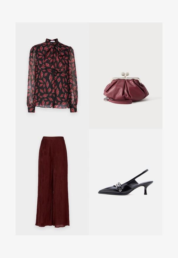 Hofmann Copenhagen NOLA - Blusa - kiss me red; Pantalones de pierna ancha en burdeos, fabricados en un tejido texturizado con plisados verticales. Presentan una cintura alta y un dobladillo que llega hasta el tobillo.; Zapato de charol negro con talón bajo tipo slingback, punta puntiaguda y detalle de hebilla plateada sobre fondo blanco liso.; Pequeño bolso de mano de cuero burdeos con cierre metálico plateado y correa de muñeca sobre fondo blanco.