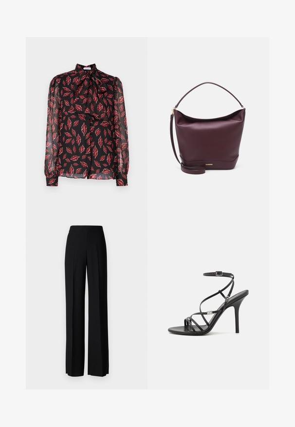 Hofmann Copenhagen NOLA - Hemdbluse - kiss me red; Schwarze Hosen mit weitem Bein und hohem Bund, aus einem glatten Stoff gefertigt, mit vorderen Falten und einem klassischen, maßgeschneiderten Design.; Schwarze High-Heel-Sandale mit dünnen Riemen, einem Knöchelverschluss, einer glatten Lederoberfläche und einem schlanken Stiletto-Absatz.; Bordeauxfarbene Lederhandtasche mit einer weichen Struktur, gewölbtem oberen Teil, kurzem Griff und abnehmbarem Riemen, versehen mit einem goldenen Logo am Boden.
