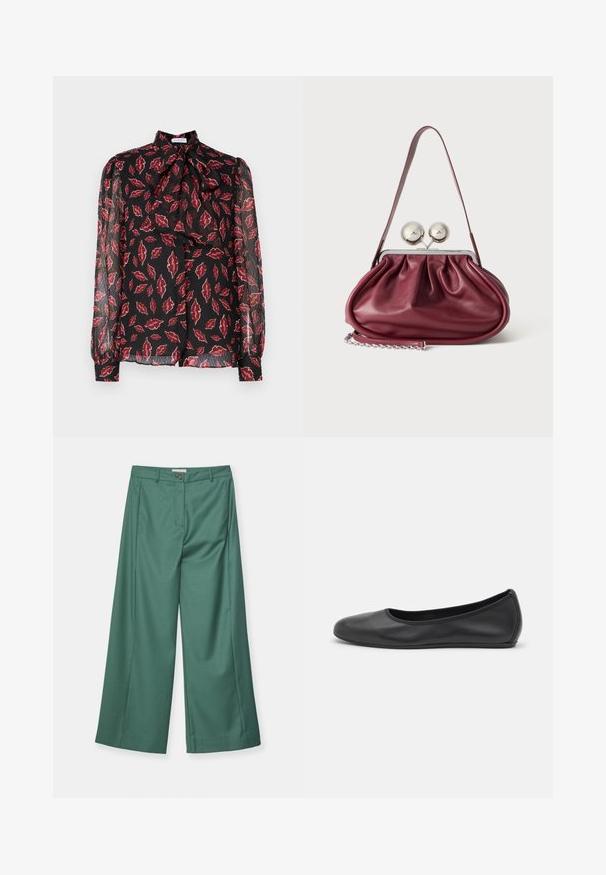 Hofmann Copenhagen NOLA - Skjortebluser - kiss me red; Bredde ben bukser i en teal farve, lavet af et glat stof. Har en frontknaplukning og to sidelommer.; Sort læderballetsko med rund tå, glat tekstur, minimal syning og et fleksibelt såldesign.; Lille bordeaux læderhåndtaske med rynkede detaljer, en tynd rem og en sølvspænde med to store runde knopper.