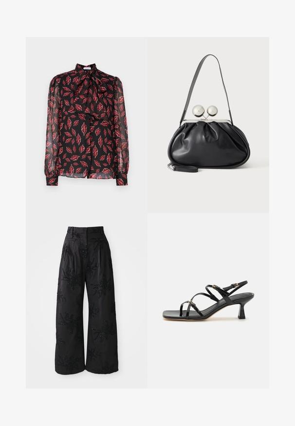 Hofmann Copenhagen NOLA - Hemdbluse - kiss me red; Schwarze, weite Hosen mit Pailletten-Blumenverzierungen, hoher Taille, Falten und Seitentaschen für einen texturierten Look.; Schwarze lackierte Riemchensandalen mit quadratischer Zehenpartie und niedrigem Blockabsatz. Ausgestattet mit vergoldeten Beschlägen und verstellbaren Knöchelriemen.; Schwarze Ledertasche mit gerafftem Design, einem einzelnen Riemen, silbernem Metallrahmen und zwei großen runden silbernen Verschlüssen.