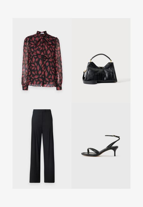 Hofmann Copenhagen NOLA - Hemdbluse - kiss me red; Schwarze, weit geschnittene Hosen mit flacher Vorderseite, Falten und maßgeschneidertem Bund. Hergestellt aus glattem, leichtem Stoff.; Schwarze Ledersandale für Damen mit dünnen Riemchen, einer Zehenlasche, einer Knöchelschnalle und einem mittelhohen Stöckelabsatz vor neutralem Hintergrund.; Schwarze Lederhandtasche mit strukturierten vertikalen Linien, kurzem Griff, abnehmbarem langem Riemen und goldfarbenen Metallakzenten auf einfarbigem Hintergrund.