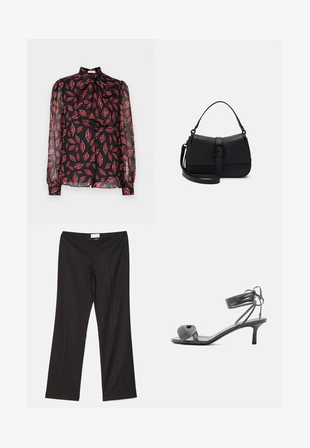 Hofmann Copenhagen NOLA - Πουκαμίσα με κουμπιά - kiss me red; Sara Battaglia HIGH WAIST PANTS - Παντελόνι - black; Γκρι δερμάτινο σανδάλι με τακούνι, με δεμένη λωρίδα στους δακτύλους και κορδόνια που τυλίγονται γύρω από τον αστράγαλο, σε λεπτό μεσαίο τακούνι, σε λευκό φόντο.; Μαύρη δερμάτινη τσάντα χεριού με δομημένο σχήμα, επάνω χερούλι και αποσπώμενο λουρί ώμου. Διαθέτει κλείσιμο με αγκράφα και λείο υφή.
