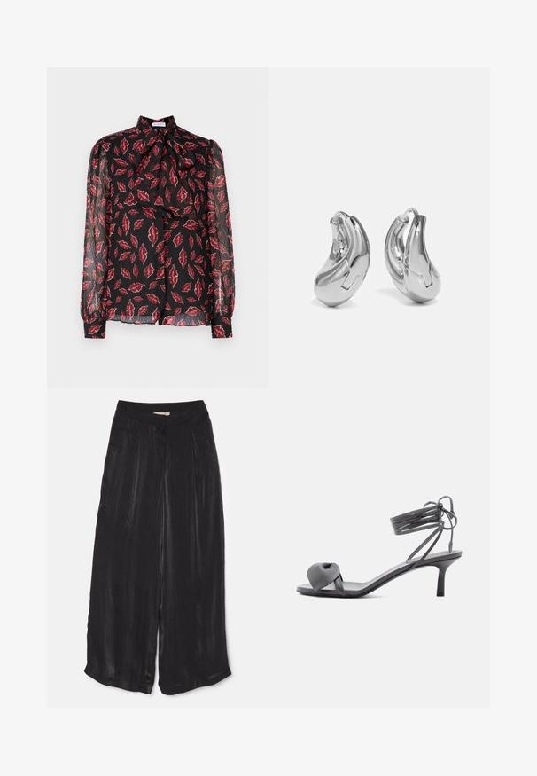 Hofmann Copenhagen NOLA - Hemdbluse - kiss me red; Schwarze weit geschnittene Hose aus glattem Satinmaterial, mit hohem Taillenbund, vorderen Falten und einem knöchellangen Schnitt mit seitlichen Schlitzen.; Graue Leder-Pumps mit Absatz, verknotetem Riemen über den Zehen und Wickelriemen um den Knöchel auf schlankem, mittelhohem Absatz vor weißem Hintergrund.; Silberne Creolen mit einer gebogenen, glänzenden Oberfläche und einem nahtlosen Design. Verfügt über einen Scharnierverschluss für sicheren Halt.