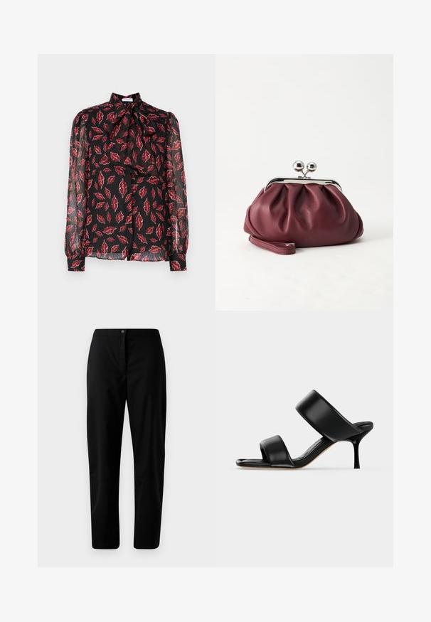 Hofmann Copenhagen NOLA - Skjortebluser - kiss me red; Sorte lige bukser med knap- og lynlåslukning, glat stof og minimal detaljering mod en ensfarvet lyse baggrund.; Sort læder mule sandal med to brede remme og en slank mellemhøj stiletthæl på en ensartet lys baggrund.; Lille bordeauxlæder clutch-pung med sølv metal lukning og håndledsrem på hvid baggrund.