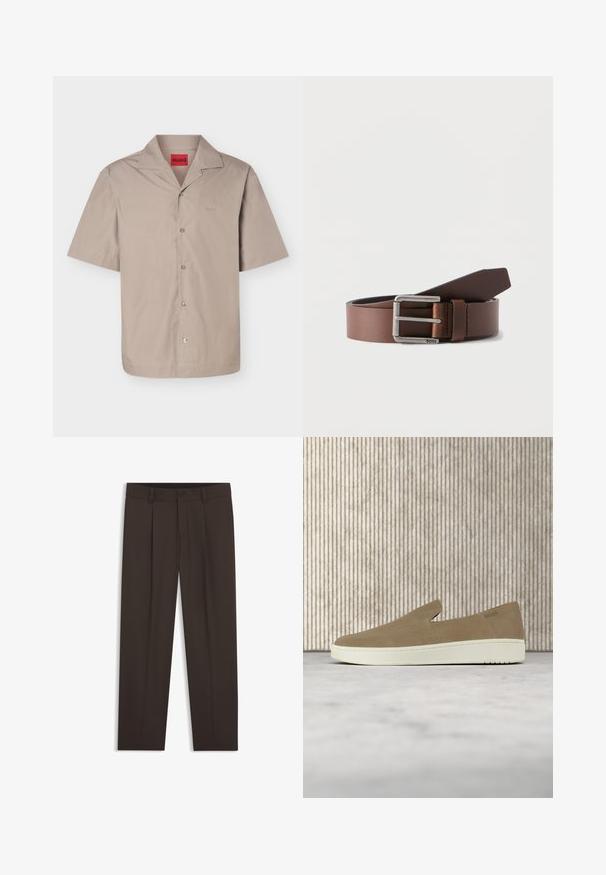 Chemise beige à manches courtes avec boutons et col campagnard, portant une étiquette rouge "HUGO" à l'intérieur du col.; Pantalon formel noir avec passants pour ceinture, fermeture par bouton à l'avant et plis nets le long de chaque jambe, posé à plat sur un fond blanc.; Chaussure beige sans lacets avec semelle blanche, présentée en suspension sur un tapis clair avec un mobilier transparent de couleur ambre en arrière-plan.; Ceinture en cuir marron roulée avec boucle rectangulaire argentée et "BOSS" gravé sur la langue de la boucle sur un fond blanc.