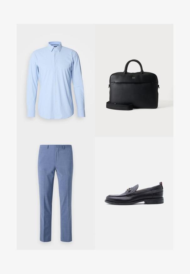 Lichtblauwe lange mouwen shirt gemaakt van een katoenmix, met een knoopsluiting aan de voorkant, enkele manchetten en een klassiek kraagontwerp.; Lichtblauwe broek, getailleerde pasvorm, gestructureerde stof, flat front, schuine zijzakken en een gladde tailleband met riemlussen.; Zwarte leren loafer met grijze, gestructureerde vamp, zilveren metalen gesp, lage hak en trekkoord aan de achterkant.; Zwarte gestructureerde leren aktetas met bovenhandvatten en afneembare schouderriem, met klein logo aan de voorkant op een neutrale grijze achtergrond.