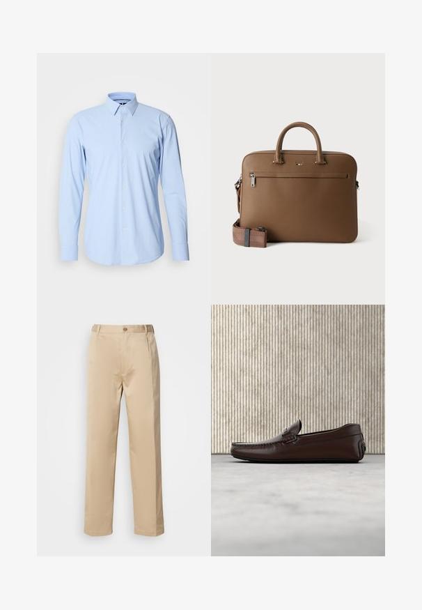 Lichtblauwe lange mouwen shirt gemaakt van een katoenmix, met een knoopsluiting aan de voorkant, enkele manchetten en een klassiek kraagontwerp.; Beige broek van lichtgewicht stof, met een rechte pasvorm, tailleband met riemlussen en een enkele knoopsluiting aan de voorkant.; Bruine lederen instappers met een gladde afwerking, moccasin-stijl stiksels, een verhoogde neus en een lage, flexibele rubberen zool.; Bruine leren aktetas met bovenhandvatten, voorvak met ritssluiting en afneembare bijpassende schouderriem op witte achtergrond.