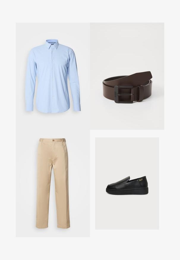 Lichtblauwe lange mouwen shirt gemaakt van een katoenmix, met een knoopsluiting aan de voorkant, enkele manchetten en een klassiek kraagontwerp.; Beige broek van lichtgewicht stof, met een rechte pasvorm, tailleband met riemlussen en een enkele knoopsluiting aan de voorkant.; Zwarte leren slip-on platformschoen met dikke zool en klein gouden "HUGO" logo nabij de hiel op een effen lichte achtergrond.; Bruine leren riem met een rechthoekige zwarte metalen gesp, voorzien van stikdetails langs de randen en een gladde textuur.