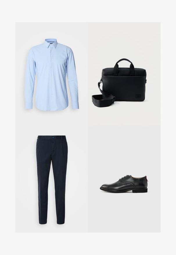 Lichtblauwe lange mouwen shirt gemaakt van een katoenmix, met een knoopsluiting aan de voorkant, enkele manchetten en een klassiek kraagontwerp.; Navyblauwe broek van een katoenmix, met een rechte snit, plooien aan de voorkant en een knoopsluiting in de taille. Gladde textuur, geen patronen.; Zwarte leren herenschoen met vetersluiting en rood trekfolie op de hiel tegen een effen achtergrond.; Zwarte leren aktetas met een textuur, voorzien van handvatten bovenop en een verstelbare schouderriem, geplaatst tegen een effen witte achtergrond.