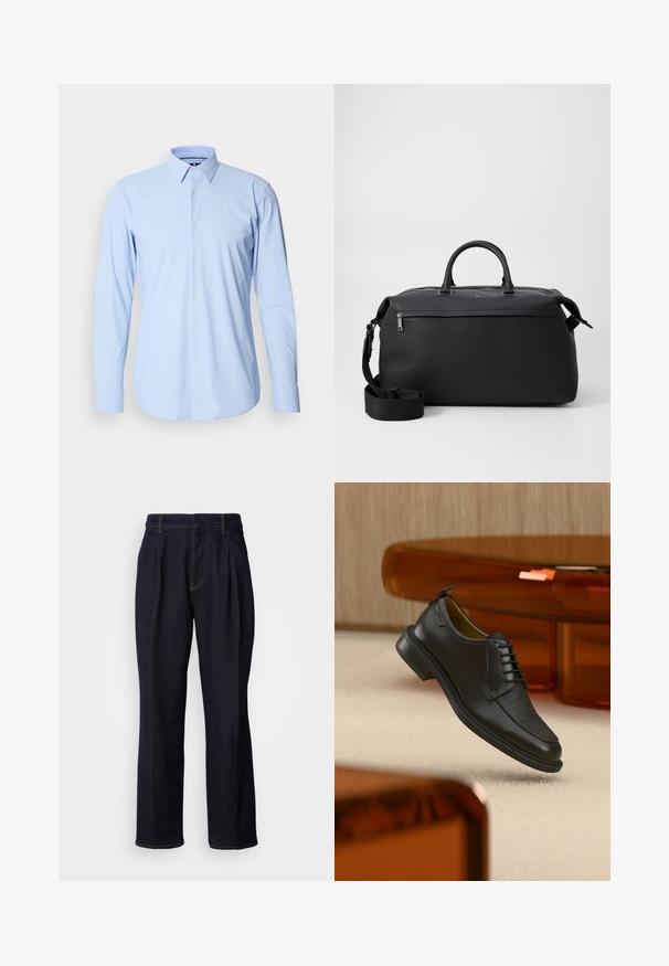 Camisa de manga larga azul claro hecha de una mezcla de algodón, con un frente abotonado, puños simples y un diseño de cuello clásico.; Jeans de mezclilla de pierna ancha en un tono azul oscuro, con pliegues frontales y costuras naranjas, presentados sobre fondo blanco.; Zapato de vestir negro de piel con cordones y parte delantera texturizada, flotando sobre una alfombra beige en una habitación moderna con muebles de tono ámbar.; Bolsa de viaje de cuero negro con dos asas superiores, una correa de hombro desmontable y un bolsillo frontal con cremallera para almacenamiento adicional.