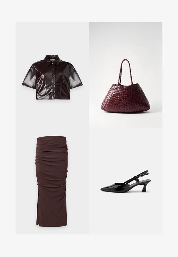 Chemise courte à manches courtes en matériau verni bourgogne foncé, dotée d'un col, de boutons sur le devant et de deux poches plaquées.; Jupe midi froufrou marron en tissu doux, avec une fente sur le côté et une texture lisse, ornée de détails froncés sur le devant.; Chaussure slingback en cuir verni noir à petit talon, bout pointu et bride réglable avec boucle dorée sur fond blanc.; DRAGON DIFFUSION SANTA CROCE BIG - Sac à main - bordo