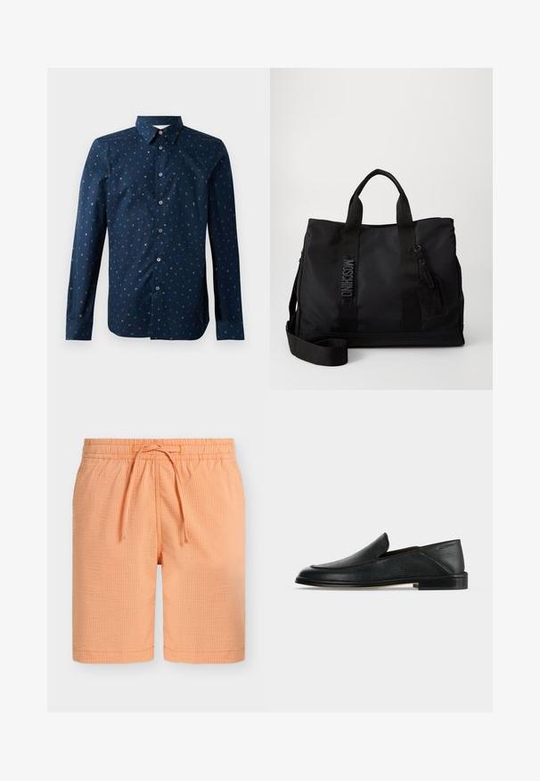 Mørkeblå skjorte med knaplukning, der har et farverigt bogstavmønster, lange ærmer og en klassisk krave. Regular fit og glat tekstur.; Herre orange seersucker shorts med elastisk talje og justerbar snor, knælange, tekstureret stof.; Sort læder slip-on loafer med lav hæl og rundet tå, vist på en simpel hvid baggrund.; Sort nylon tote taske med dobbelthåndtag, justerbar skulderrem og præget logo-detail. Glat struktur med en tagskilt vedhæftning.