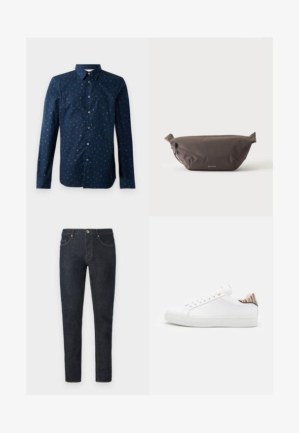 Chemise bouton de marine à manches longues, ornée d'un motif de lettres coloré, avec un col classique, une coupe regular et une texture lisse.; Jean denim bleu foncé, coupe slim, avec poches avant, passants pour ceinture et fermeture à bouton à la taille.; Baskets en cuir blanc avec une finition lisse, présentant un accent rayé coloré au niveau du talon, des œillets dorés et une semelle blanche plate.; Sac banane en tissu marron foncé avec poche zippée en diagonale et petit logo blanc sur le devant, sur un fond clair uni.