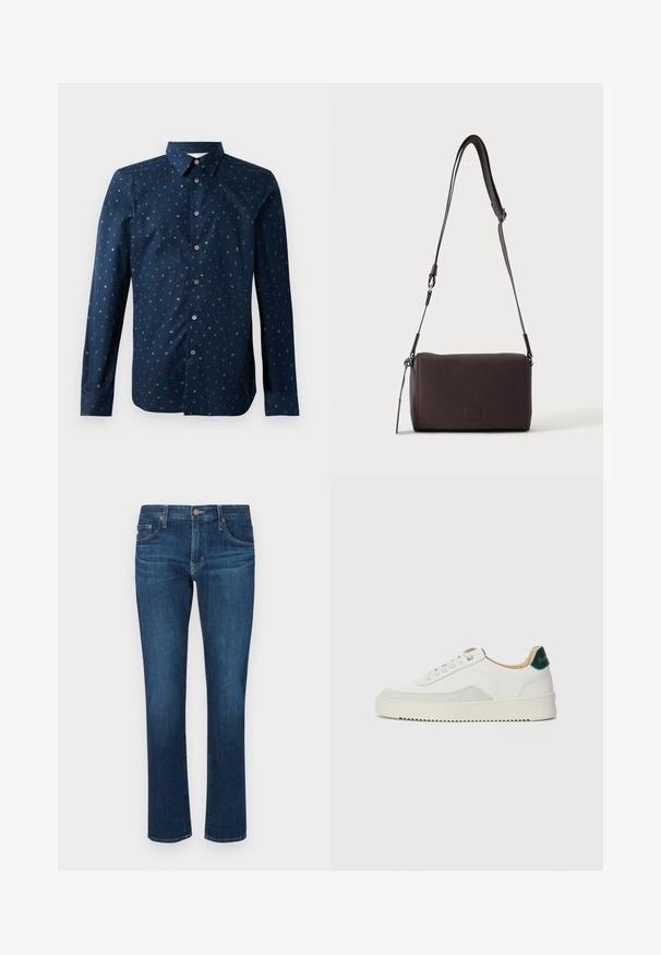 Chemise bouton de marine à manches longues, ornée d'un motif de lettres coloré, avec un col classique, une coupe regular et une texture lisse.; Jean en denim bleu foncé avec une coupe droite, style cinq poches classique et fermeture à bouton au niveau de la taille. Texture lisse.; Baskets blanches avec des accents en daim, bout arrondi, lacets plats et semelle en caoutchouc crème. Présente une marque verte sur le talon.; Sac bandoulière en cuir marron foncé texturé avec une sangle réglable et un petit accent décoratif bleu sur le côté.