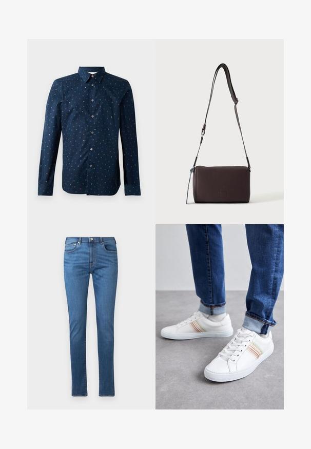 Mørkeblå skjorte med knaplukning, der har et farverigt bogstavmønster, lange ærmer og en klassisk krave. Regular fit og glat tekstur.; Blå denim jeans med lige snit, fem lommer og knaplukning. Stoffet har en glat tekstur og subtile falmede detaljer.; Hvide lædersneakers med multicolore striber, snørebåndsdesign, gummisål og polstret krave, parret med blå denimjeans.; Mørkebrun textured læder crossbody taske med justerbar rem og lille dekorativ blå accent på siden.