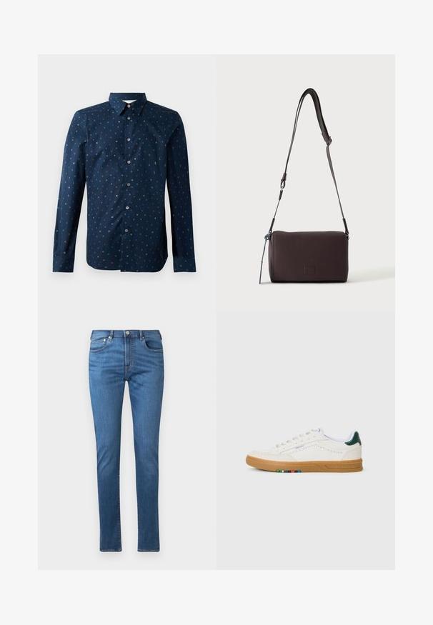 Mørkeblå skjorte med knaplukning, der har et farverigt bogstavmønster, lange ærmer og en klassisk krave. Regular fit og glat tekstur.; Blå denim jeans med lige snit, fem lommer og knaplukning. Stoffet har en glat tekstur og subtile falmede detaljer.; Hvide lædersneakers med perfereret design, gummisul, grøn hælaccent og farverig stribe detalje på siden.; Mørkebrun textured læder crossbody taske med justerbar rem og lille dekorativ blå accent på siden.