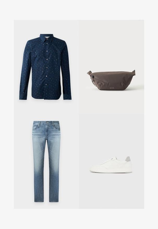 Mørkeblå skjorte med knaplukning, der har et farverigt bogstavmønster, lange ærmer og en klassisk krave. Regular fit og glat tekstur.; Lyseblå denimjeans med lige ben, der har en falmet vask, fem lommer og en lynlås med metalknaplukning.; Hvid lavtop-sneaker med gråt hælflig, hvide snørebånd og tekstureret sål, vist på en ensfarvet lys baggrund.; Mørkebrun stof talje taske med diagonalt lynlåslomme og lille hvidt logo på fronten, sat mod en ensfarvet lys baggrund.