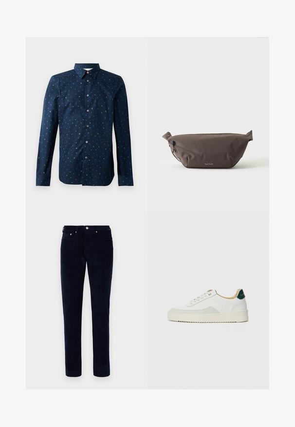Mørkeblå skjorte med knaplukning, der har et farverigt bogstavmønster, lange ærmer og en klassisk krave. Regular fit og glat tekstur.; Herre slim-fit mørkeblå kordfløjspants med for- og baglommer, bæltestropper og knaplukning.; Hvide sneakers med ruskindsdetaljer, rund tå, flade snørebånd og en cremet gummisål. Har grøn branding på hælen.; Mørkebrun stof talje taske med diagonalt lynlåslomme og lille hvidt logo på fronten, sat mod en ensfarvet lys baggrund.
