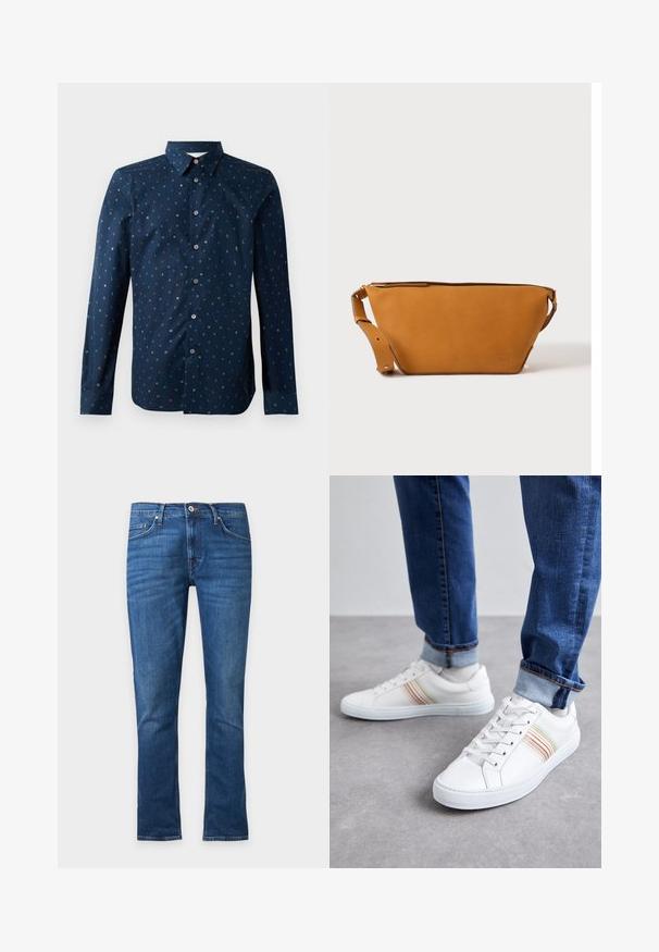 Mørkeblå skjorte med knaplukning, der har et farverigt bogstavmønster, lange ærmer og en klassisk krave. Regular fit og glat tekstur.; Straight-fit blå denimjeans med forreste knap, lynlåslukning og fem-lomme-design, vist forfra på ensfarvet baggrund.; Hvide lædersneakers med multicolore striber, snørebåndsdesign, gummisål og polstret krave, parret med blå denimjeans.; Lys brun læder crossbody taske med justerbar rem og lynlås, vist mod en ensartet lys baggrund.