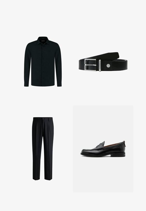 Chemise à manches longues bleu foncé, boutonnée sur le devant, col classique, logo discret sur la poitrine et cinq boutons assortis.; Pantalons noirs en tissu lisse, avec une coupe droite, des plis à l'avant et une fermeture à bouton avec passants de ceinture.; Mocassin homme en cuir noir avec couture moc toe, bride penny, col texturé et petit talon empilé sur fond blanc.; Ceinture en cuir noir avec une boucle rectangulaire en argent et un logo gravé. Elle présente une texture lisse et un design classique.