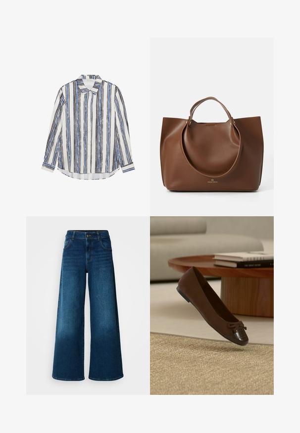 Overhemd met knopen en verticale strepen in tinten blauw, zwart en wit. Gemaakt van gladde stof met een klassieke kraag en knoopsluiting.; Wijde jeans van donkerblauwe denim. Heeft een hoge taille, knoopsluiting en klassiek vijf-vakken ontwerp met subtiele vervaging.; Bruine ballerina met strikdetail en een gestructureerde neus, geplaatst bij een ronde houten salontafel met opgestapelde boeken in een moderne woonkamer.; Bruine leren tote bag met een gladde textuur, grote ronde handvatten, met een minimalistisch design en een logo dat aan de basis is geperst.