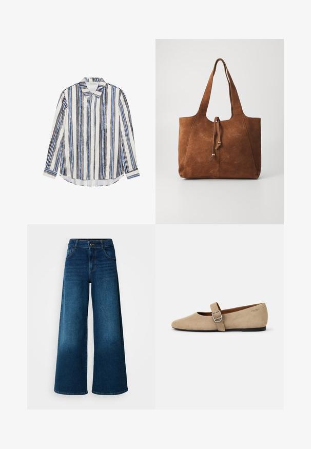 Chemise à boutons avec des rayures verticales dans des nuances de bleu, noir et blanc. Fabriquée en tissu lisse avec un col classique et une fermeture à boutons.; Jean large en denim bleu foncé. Doté d'une taille haute, d'une fermeture à bouton et d'un design classique à cinq poches avec une légère décoloration.; Ballerines en daim beige de style Mary Jane avec un bout pointu et une seule sangle réglable dotée d'une boucle en métal argenté. Semelle plate noire.; Sac fourre-tout en daim marron avec deux longues poignées, fermeture à cordon et texture lisse. Présente un design simple et des accents minimaux.