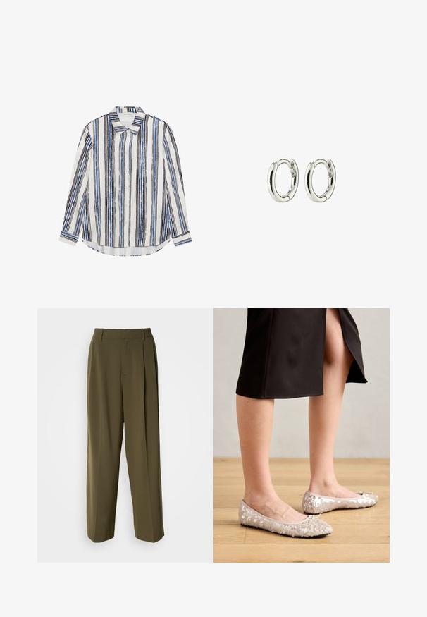 Overhemd met knopen en verticale strepen in tinten blauw, zwart en wit. Gemaakt van gladde stof met een klassieke kraag en knoopsluiting.; Olijfgroene wijde broek van een gladde stof, met een hoge taille, plooien aan de voorkant en zijzakken voor functionaliteit.; Beige sequined balletschoenen met een ronde neus, voorzien van een strikaccent, gecombineerd met een zwarte rok, gepresenteerd op een houten vloer.; Zilveren creolen met een gladde, glanzende afwerking. Geronde vorm met een veilige sluiting. Minimalistisch ontwerp met een subtiele draai-detail.
