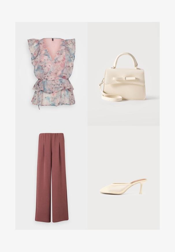 Top envoltura floral en tejido transparente con tonalidades rosa, azul y gris, mangas abullonadas, escote en V profundo y un lazo en la cintura con un dobladillo con volantes.; Pantalones de pierna ancha en tela texturizada rosa polvoriento con cintura elástica y pliegues frontales, presentados sobre un fondo liso.; Zapato mule color crema con tacón alto, puntera puntiaguda y paneles laterales de malla, mostrado sobre un fondo claro y simple.; Pequeño bolso beige con asa superior, correa desmontable, solapa frontal y lazo decorativo horizontal sobre un fondo liso.