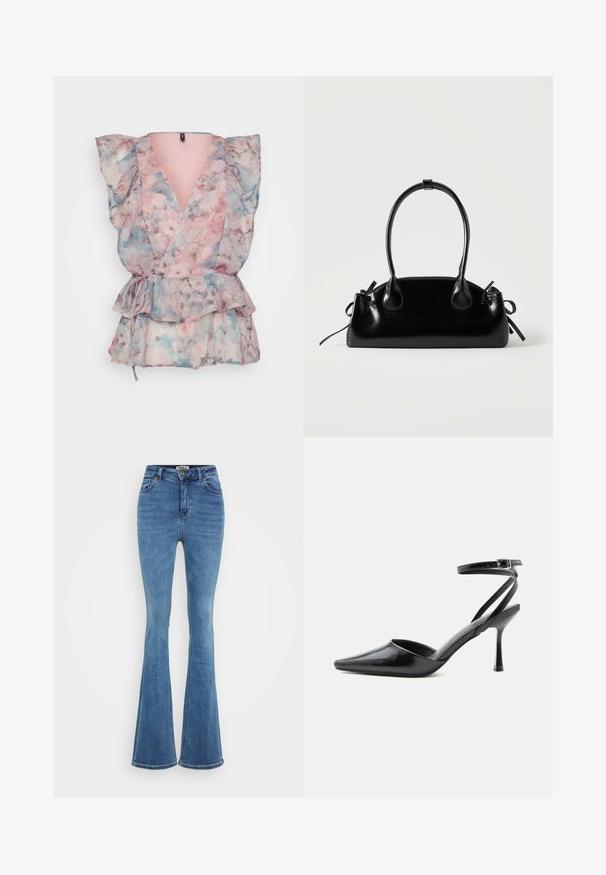 Bloemige wikkeltop in doorzichtig materiaal met roze, blauwe en grijze tinten, pofmouwen, een diepe V-hals, een strik in de taille en een gerimpelde zoom.; Lichtblauwe flare denimjeans met vijf zakken, een knoopsluiting aan de voorkant en contrasterende stiksels. De stof heeft een gladde textuur.; Zwarte pumps met puntige neus, dunne enkelbandjes en een zilveren gesp op een effen lichte achtergrond.; Kleine zwarte glanzende handtas met twee lange hengsels en zijkant trekkoord details op een effen lichte achtergrond.