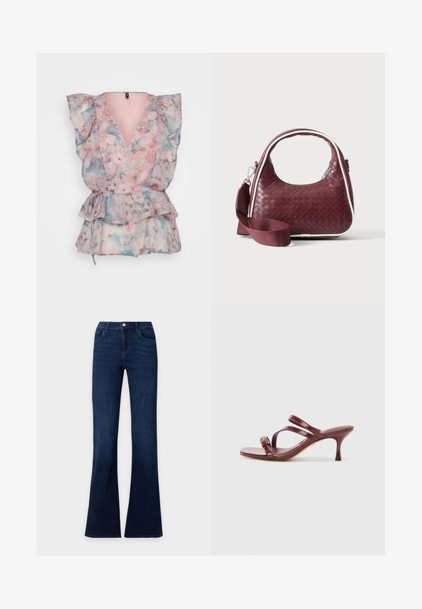 Blumen-Wickeloberteil aus transparentem Stoff in Rosa-, Blau- und Grautönen, mit Puffärmeln, einem tiefen V-Ausschnitt und einem Gürtel in der Taille sowie einem rüschierten Saum.; Dunkelblaue Denim-Jeans mit ausgestelltem Bein, Vordertaschen und Knopfverschluss in der Taille.; Burgunderfarbene lacklederne Sandalen mit hohen Absätzen, quadratischer Zehenpartie, zwei schlanken Riemen und einer dekorativen goldenen Schnalle an der Seite.; Dunkelrote gewebte Ledertasche mit gebogenem Griff, weißem Besatz, silbernem Reißverschluss und abnehmbarem breitem Stoff-Schulterriemen vor einfarbigem Hintergrund.