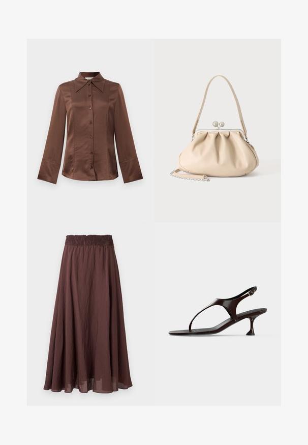 Brun satin skjorte med klassisk krave, lange ærmer og frontlukning med knapper. Kendt for sin glatte tekstur og skræddersyet pasform.; Brun, lang A-formet nederdel med indsamlende elastisk talje og let, let krøllet stof, vist på en ensfarvet baggrund.; Mørkebrun laklædersandal med rem bagpå, lille hæl og tårem på hvid baggrund.; Beige blød læderhåndtaske med en sølv metalramme-lukning, enkelt skulderstrop og en valgfri kæderem på en hvid baggrund.
