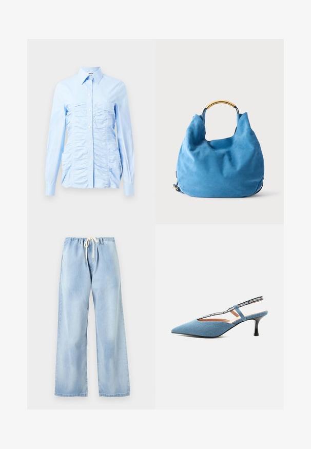 Lichtblauw overhemd met lange mouwen en een button-down kraag, met verticale plooien aan de voorkant en een getailleerd ontwerp. Katoenmengsel.; Lichtblauwe denim broek met wijde pijpen, elastische tailleband en witte aantrekkoord, getoond op een effen achtergrond.; Blauwe slingback pumps met spitse neus en kittenheel, zwarte band met witte tekst "Love Moschino" op lichte achtergrond.; Zachte blauwe suède handtas met een gebogen gouden metalen handvat en een afgeronde, slungelige vorm tegen een effen lichte achtergrond.