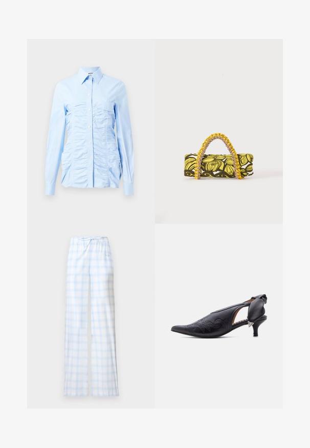 Chemise à manches longues bleu clair avec un col boutonné, présentant des volants verticaux à l'avant et une coupe ajustée. Tissu en mélange de coton.; Pantalon de pyjama à carreaux bleu clair et blanc avec taille élastique et cordon de serrage, présenté sur un fond blanc uni.; Escarpin slingback en cuir noir à bout pointu avec détails brodés et petit talon kitten, comprenant un nœud rembourré et un accent triangulaire argenté.; Sac rectangulaire avec motif floral jaune et noir et anse tressée jaune et rose sur fond blanc.