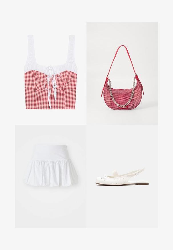 Haut cropped à carreaux rouges et blancs avec un haut froncé blanc, décolleté carré et lien ajustable à l'avant. Tissu en mélange de coton.; Jupe évasée blanche fabriquée en tissu léger, avec un design froncé et une taille élastique pour le confort. Pas de motifs ni d'accents visibles.; Chaussure blanche plate à bride arrière avec sangle à la cheville, bande élastique sur le dessus du pied, petit nœud et clous argentés dispersés.; Sac à main perforé rouge en forme arrondie, avec une accent en chaîne argentée et une bandoulière assortie. Logo affiché à l'avant.