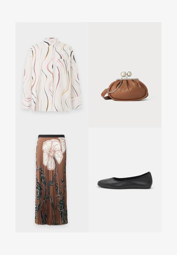 Chemise blanche à manches longues, boutonnée, avec col et rayures verticales ondulées multicolores, avec une poche poitrine côté gauche.; Jupe midi plissée marron avec un grand imprimé floral blanc et des tiges abstraites vert foncé, dotée d'une ceinture noire.; Ballerines en cuir noir avec un bout rond, texture lisse, détails de couture minimalistes et design de semelle flexible.; Pochette en cuir marron avec un fermoir à boule en argent et un petit détail en chaîne argentée sur fond blanc.