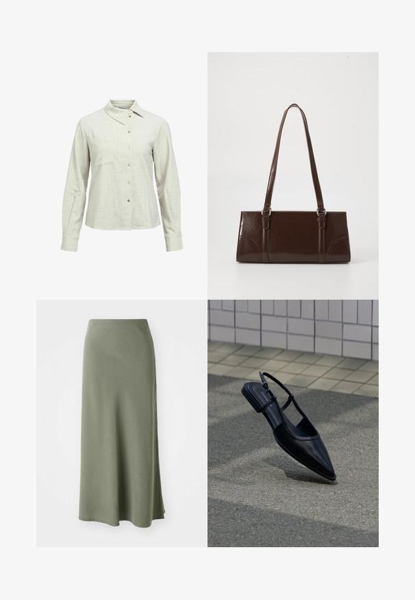 Chemise à manches longues beige clair avec boutons, col pointu et détail discret de poche poitrine sur fond blanc.; Jupe kaki, longueur genou, en tissu doux avec une texture lisse et une coupe évasée, présentant une fente sur le côté pour faciliter les mouvements.; Chaussure plate noire à bout pointu avec bride arrière, flottant au-dessus d'une surface en bitume à côté d'un trottoir carrelé.; Sac à main en cuir verni marron de forme rectangulaire, avec deux longues poignées et des accents courbés subtils à l'avant.
