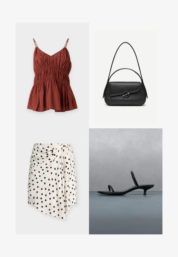 Blouse sans manches couleur rouille avec fines bretelles ajustables, détails froncés en tissu et ourlet évasé.; Jupe asymétrique blanche à pois noirs avec un détail drapé sur un côté sur un fond uni.; Sandale à talon Calvin Klein noire avec des lanières fines, posée sur des carreaux en bois en plein air près d'un mur et de la verdure.; Sac à main en cuir noir avec bords arrondis, rabat asymétrique, fermoir circulaire en métal, et des bandoulières courtes et longues.