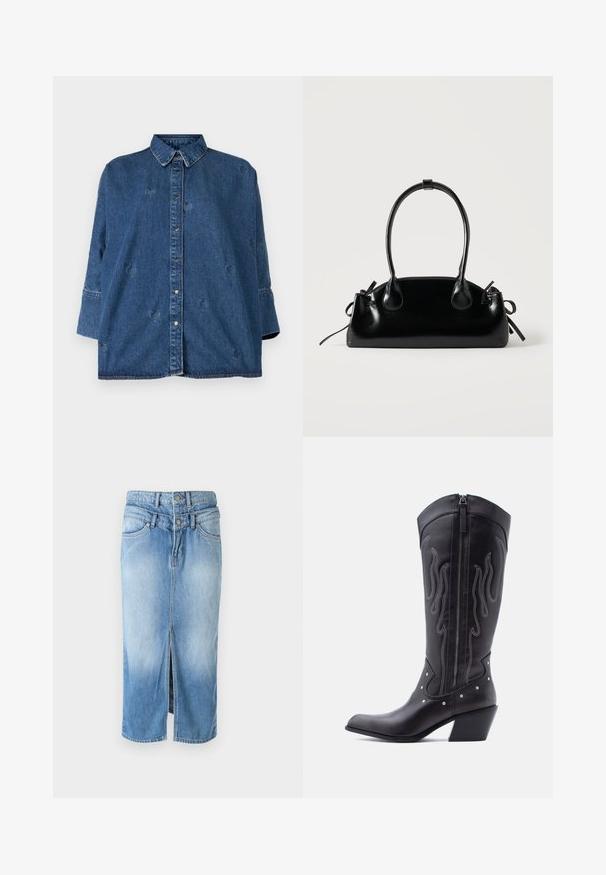 Denim särg klassikalise kaelusega, sinine värv, oversized lõige ja dekoratiivsete südamekujude lõigetega. Omab nupuleheket ja pika varrukaga disaini.; Heleheline teksaskirt, millel on ees lõhik, kaks nööpi, kõrge vöökoht ja tavaline viie tasku disain. Sile tekstuur, keskpidine pikkus.; Mustad nahast kauboisaapad terava ninaga, nähtavate õmblustega, hõbedaste naelakujuliste aksessuaaridega ja siseküljel lukuga.; Väike must läikiv käekott kahe pika sangaga ja külgedel paelakinnitustega, ühel lihtsal helel taustal.