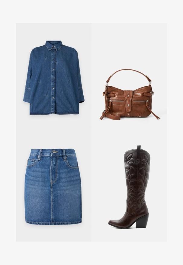 Denimskjorte med klassisk krave, blå farve, oversized pasform og dekorative hjerteformede udsparinger. Har trykknapper og lange ærmer.; Denim nederdel i blå, lige skæring med taljebånd, forlommer og en falmet finish. Har kontrast syninger og lynlås til åbning.; Høj mørkebrun læder cowboystøvle med syede dekorative mønstre, spids tå og stablet blokhæle.; Brun læderhåndtaske med en rund form, to frontlommer med lynlås og en aftagelig skulderrem. Udstyret med hardware og syninger i sølvfarve.