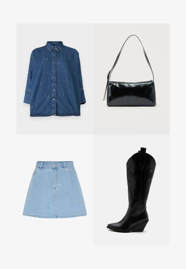 Denim shirt met een klassieke kraag, blauwe kleur, oversized pasvorm en decoratieve hartvormige uitsparingen. Heeft drukknopen en lange mouwen.; Lichtblauwe denim A-lijn rok met vooraan knopen en rits, ceintuurlussen en twee voorzakken.; Zwarte leren cowboylaars met puntige neus, schuine blokhak, decoratieve stiksels en aantreklusjes bovenaan tegen een witte achtergrond.; Zwarte rechthoekige schoudertas met een enkele verstelbare band en een bovenste ritssluiting op een effen achtergrond.