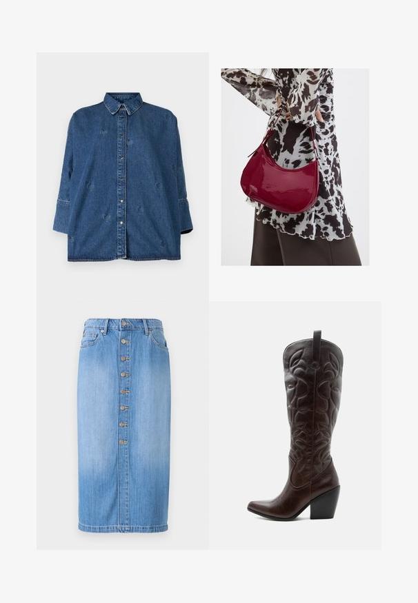 Denim särg klassikalise kaelusega, sinine värv, oversized lõige ja dekoratiivsete südamekujude lõigetega. Omab nupuleheket ja pika varrukaga disaini.; Sinine teksaskangas midi seelik sirge lõikega, esipoolse nööbiga kinnituse, viie tasku ja tuhmunud pesuga tekstuuri jaoks.; Kõrge tumepruun nahast kauboi saabas, millel on õmmeldud dekoratiivsed mustrid, terava varbaosaga ja kuhjatud plokk-kontsaga.; Naine, kes kannab must-valget mustriga pluusi ja hoiab läikivat punast õlakotti ühevärvilise tausta ees.