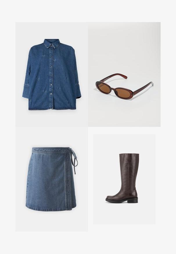 Denimhemd mit klassischem Kragen, blauer Farbe, oversized Schnitt und dekorativen herzförmigen Ausschnitten. Verfügt über Druckknöpfe und lange Ärmel.; Denim-Minirock in Mittelblau, Wickeldesign mit seitlichem Bindeband, gesäumte Kanten und einem leicht strukturierten Stoff. Schlichte und funktionale Form.; Hoher dunkelbrauner Lederstiefel mit niedrigem Blockabsatz und abgerundeter Spitze, seitlich auf weißem Hintergrund dargestellt.; Runde, braun getönte Sonnenbrillen mit einem glänzenden burgunderfarbenen Rahmen. Schlanke Bügel mit dezentem Branding. Flaches Linsendesign.
