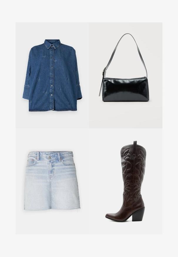Denimskjorte med klassisk krave, blå farve, oversized pasform og dekorative hjerteformede udsparinger. Har trykknapper og lange ærmer.; Lyseblå denim mini nederdel med en frynset kant, fem lommer og en frontlukning med knap. Har en subtil falmning og en glat tekstur.; Høj mørkebrun læder cowboystøvle med syede dekorative mønstre, spids tå og stablet blokhæle.; Sort rektangulær skuldertaske med en enkelt justerbar rem og lynlås i toppen på en ensfarvet baggrund.