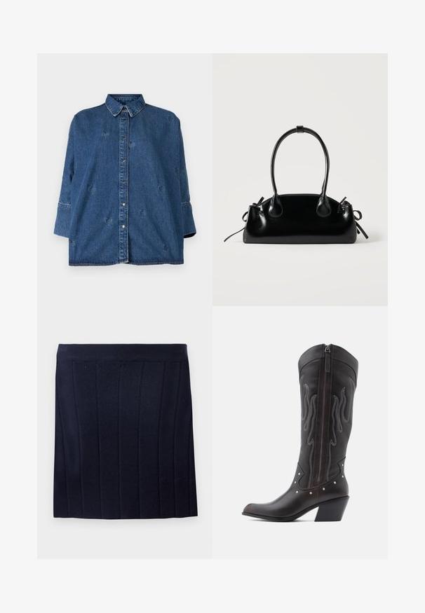 Denim särg klassikalise kaelusega, sinine värv, oversized lõige ja dekoratiivsete südamekujude lõigetega. Omab nupuleheket ja pika varrukaga disaini.; Object OBJTHESS - Miniseelik - sky captain; Pruunid nahast kootsasaapad leegitikkimisega, küljes lukk, hõbedased naelad, terav nina ja paks konts.; Väike must läikiv käekott kahe pika sangaga ja külgedel paelakinnitustega, ühel lihtsal helel taustal.