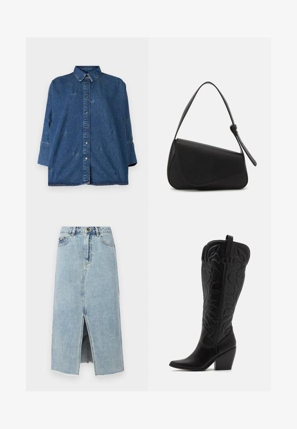 Denimskjorte med klassisk krave, blå farve, oversized pasform og dekorative hjerteformede udsparinger. Har trykknapper og lange ærmer.; Lysblå denimskørt med en frontslids, frynset kant, fem lommer og en knaplukning i taljen. Klassisk lige snit design.; Sorte knæhøje støvler i læder med spids snude og lagdelt hæl. Har dekorative syninger og buede designelementer.; Sort læderhåndtaske med en triangular form, skrå klap og et rundt håndtag. Har en glat overflade og minimalistiske design detaljer.