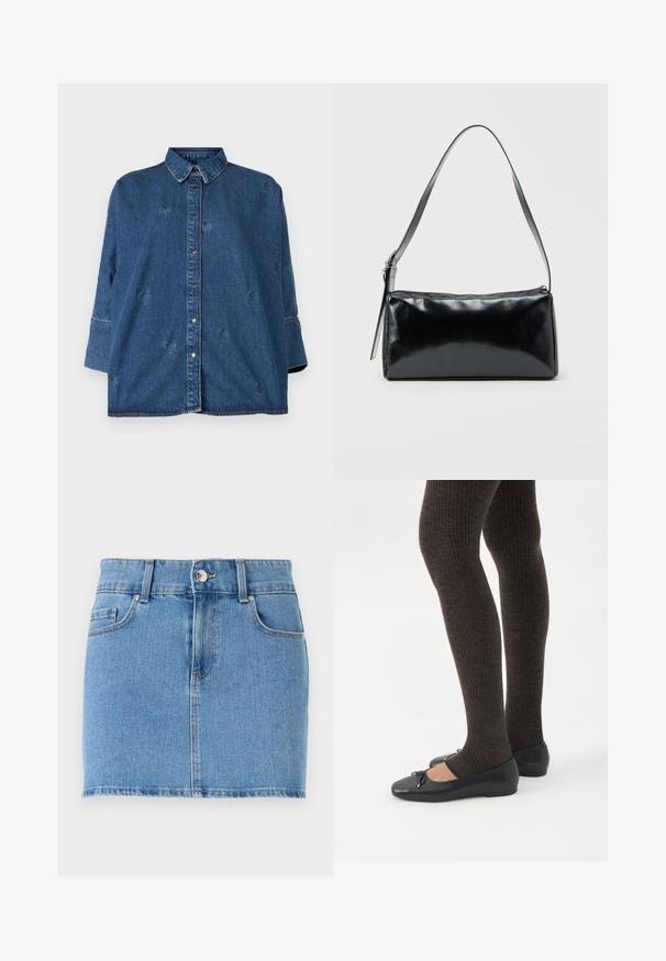 Denim särg klassikalise kaelusega, sinine värv, oversized lõige ja dekoratiivsete südamekujude lõigetega. Omab nupuleheket ja pika varrukaga disaini.; Heledan denim mini seelik helesinis. Omab kitsast disaini, viit taskut, nööbiga kinnitust ning sirget äärt, millel on kerge kulumine.; Jalad seljas tumedad soonelises soonelises kombines mustade baleriinadega, millel on väikesed paelade detailid valgel taustal.; Must ristkülikukujuline õlakott ühe reguleeritava rihmaga ja ülemise tõmblukuga, ühtlase taustaga.