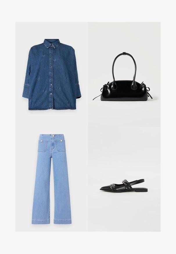 Denim shirt met een klassieke kraag, blauwe kleur, oversized pasvorm en decoratieve hartvormige uitsparingen. Heeft drukknopen en lange mouwen.; Lichtblauwe wijde jeans met hoge taille, twee achterzakken en gouden knopen. Gemaakt van denim met een gladde textuur en een nette afwerking.; Even&Odd by Zalando Slingback ballerina´s - black; Kleine zwarte glanzende handtas met twee lange hengsels en zijkant trekkoord details op een effen lichte achtergrond.