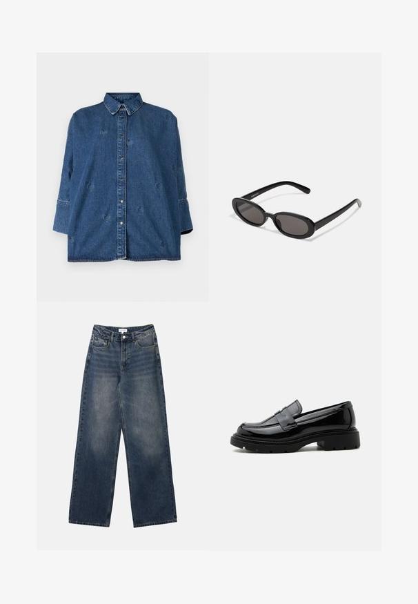 Denimskjorte med klassisk krave, blå farve, oversized pasform og dekorative hjerteformede udsparinger. Har trykknapper og lange ærmer.; Mænds højtaljede blå denim jeans med brede ben, frontknap og lynlås samt for- og baglommer.; Sort skinnende læderloafer med kraftig sål og pennyrem, vist i sideprofil på en ensfarvet hvid baggrund.; Even&Odd Solbriller - black