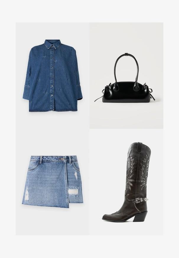 Denim shirt met een klassieke kraag, blauwe kleur, oversized pasvorm en decoratieve hartvormige uitsparingen. Heeft drukknopen en lange mouwen.; Lichtblauw denim minirok met vervaagde plekken en versleten details. Heeft een frontale knoopsluiting en een traditionele vijf-pocket design.; Zwarte leren cowboylaars met decoratieve uitsnijdingen, zilveren gesp en schuine hak, weergegeven op een witte achtergrond.; Kleine zwarte glanzende handtas met twee lange hengsels en zijkant trekkoord details op een effen lichte achtergrond.